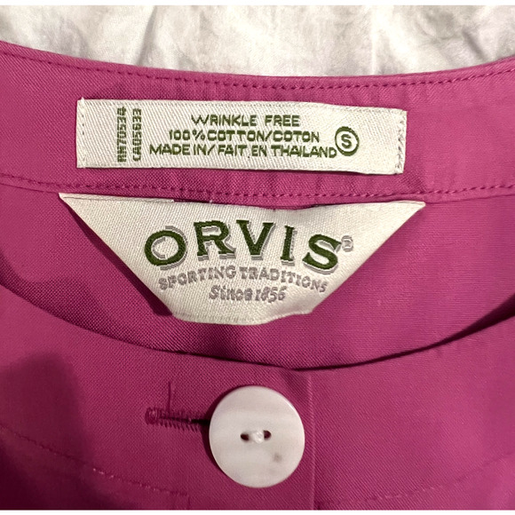 Orvis Top Womens Size S Dark Pink Short Sleeve Embroidered Button Up Round Neck - Picture 2 of 8